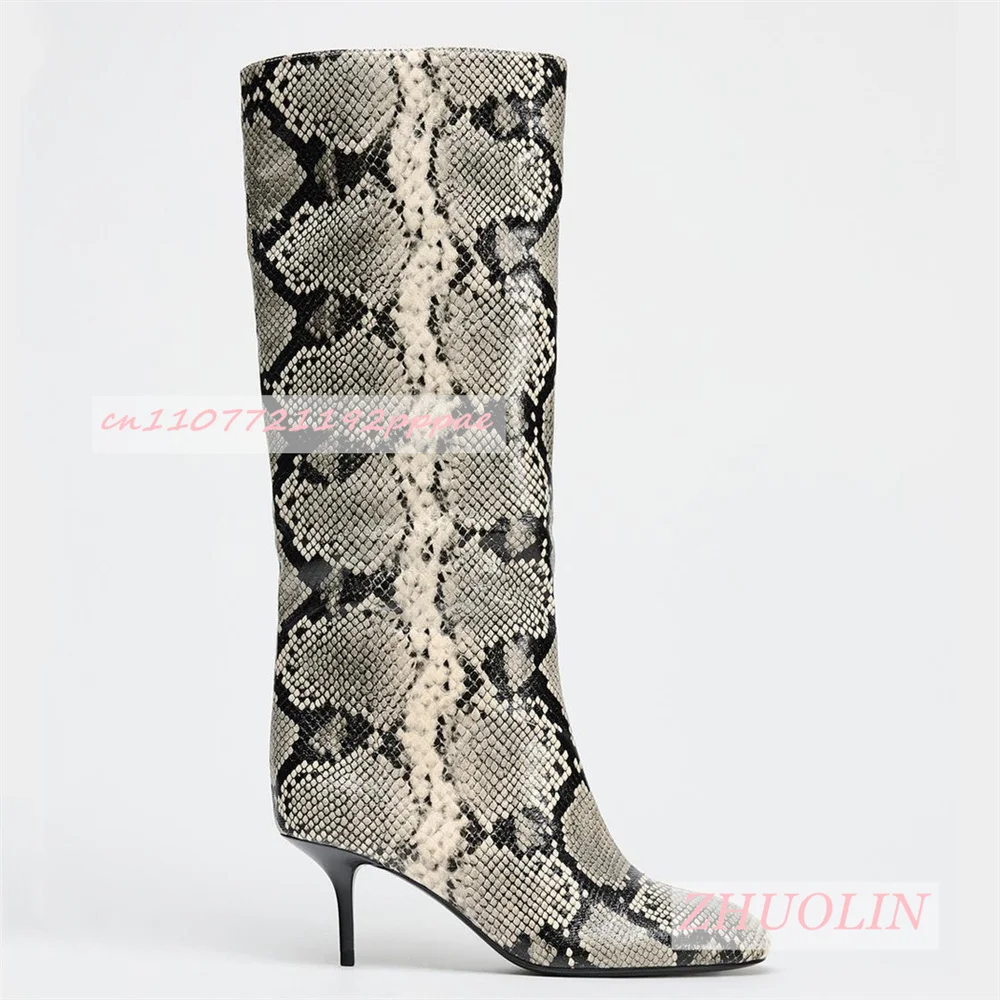 

2026 Spring Snake Print Round Toe Slip-On Boots For Women Luxurious Leather Low Heel Boots Elegant T-Stage Show Mid-Calf Boots