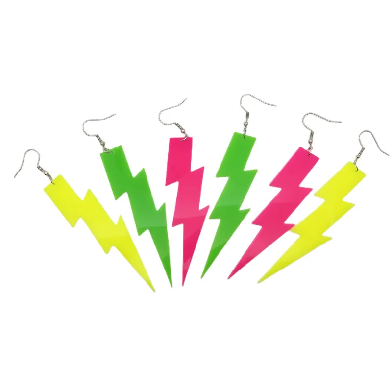 Neon Lightning Bolt Flash Thunder Earrings for 80\'s Outfit Party Accessories Retro Acrylic Drop Dangle Neon Lightning Earrings
