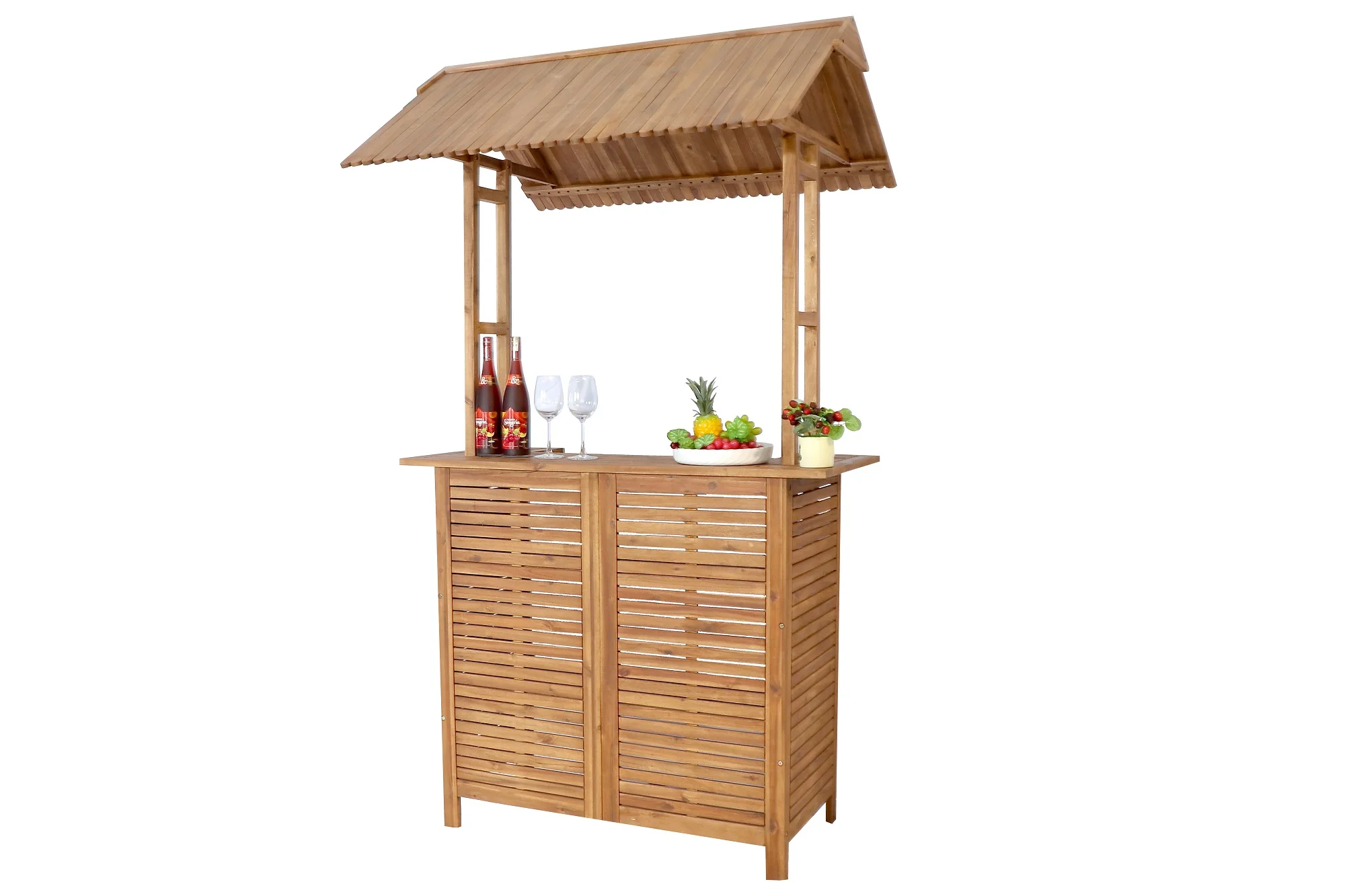 Outdoor wooden tiki bar set with roof and two bar stools for patio garden or poolside use