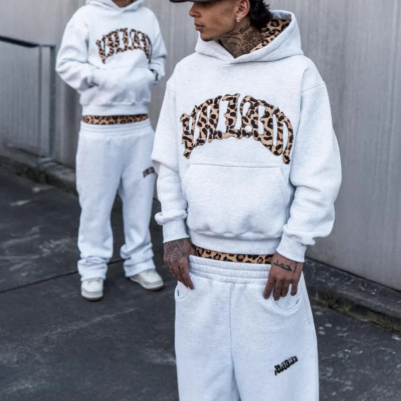 American hip-hop leopard print letter embroidery men hoodie retro Harajuku street sports suit fashionable casual sweatshirts