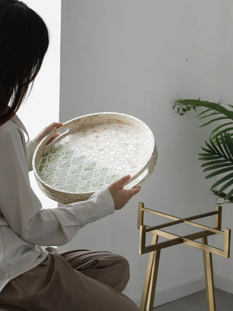 Modern Natural Shell Coffee Tables, Metal Wind Living Room Round Tray,Sofa, Side Corner Table Decoration Furniture