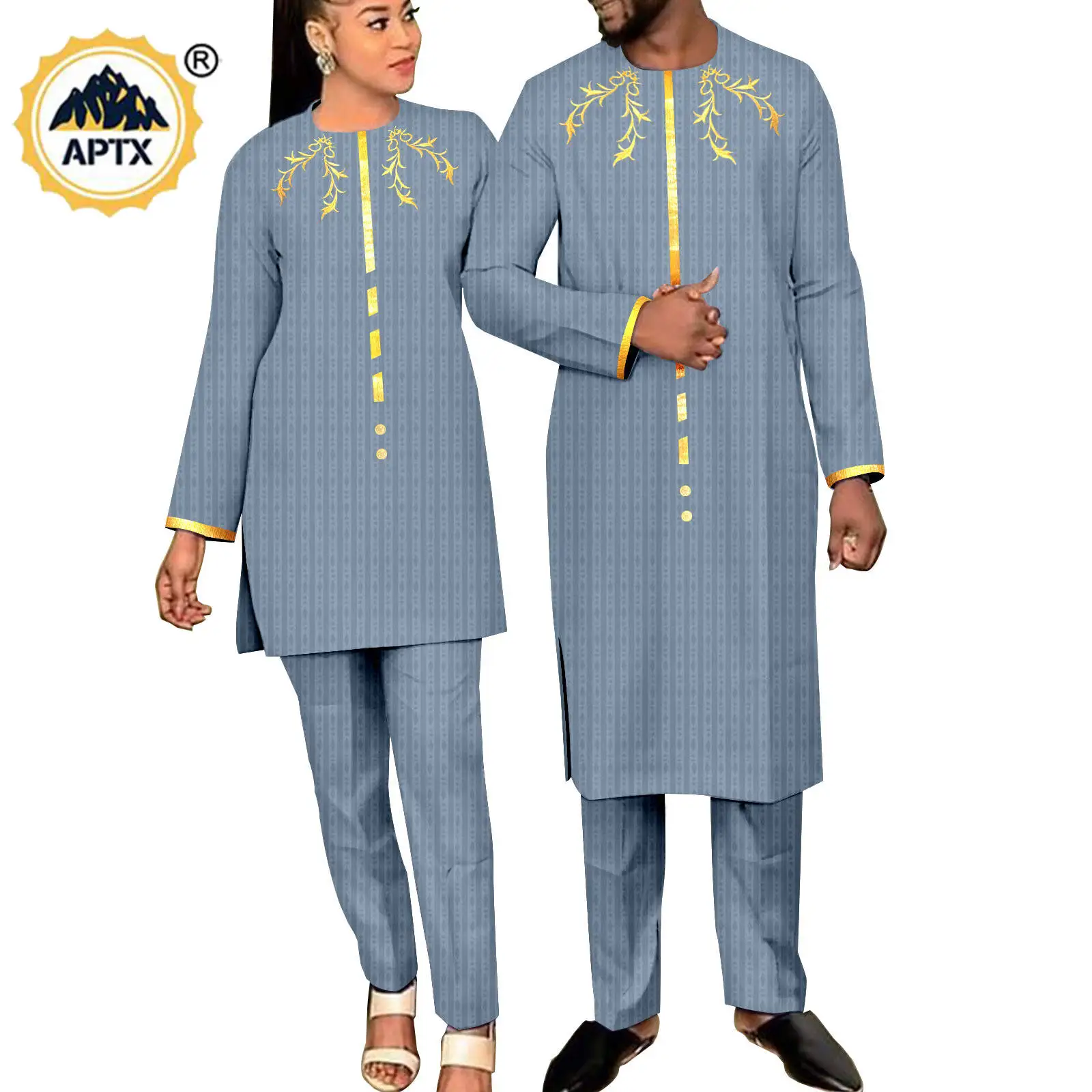 African Matching Outfit for Couples Men Clothes Kaftan Bazin Riche Women Long Top and Pant Sets Agbada Wedding Wear Y23C037