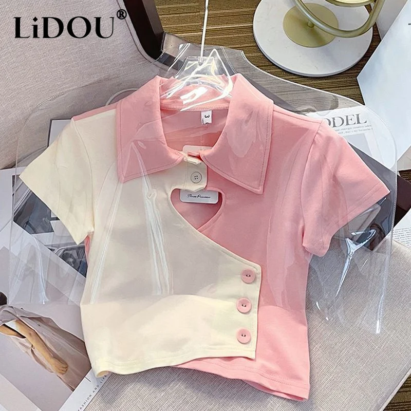 2023 New Korean Fashion Sports Chic Summer T-shirt Girls Cute Kawaii Anime Sweet Aesthetic Loose Casual Contrasting Colors Top