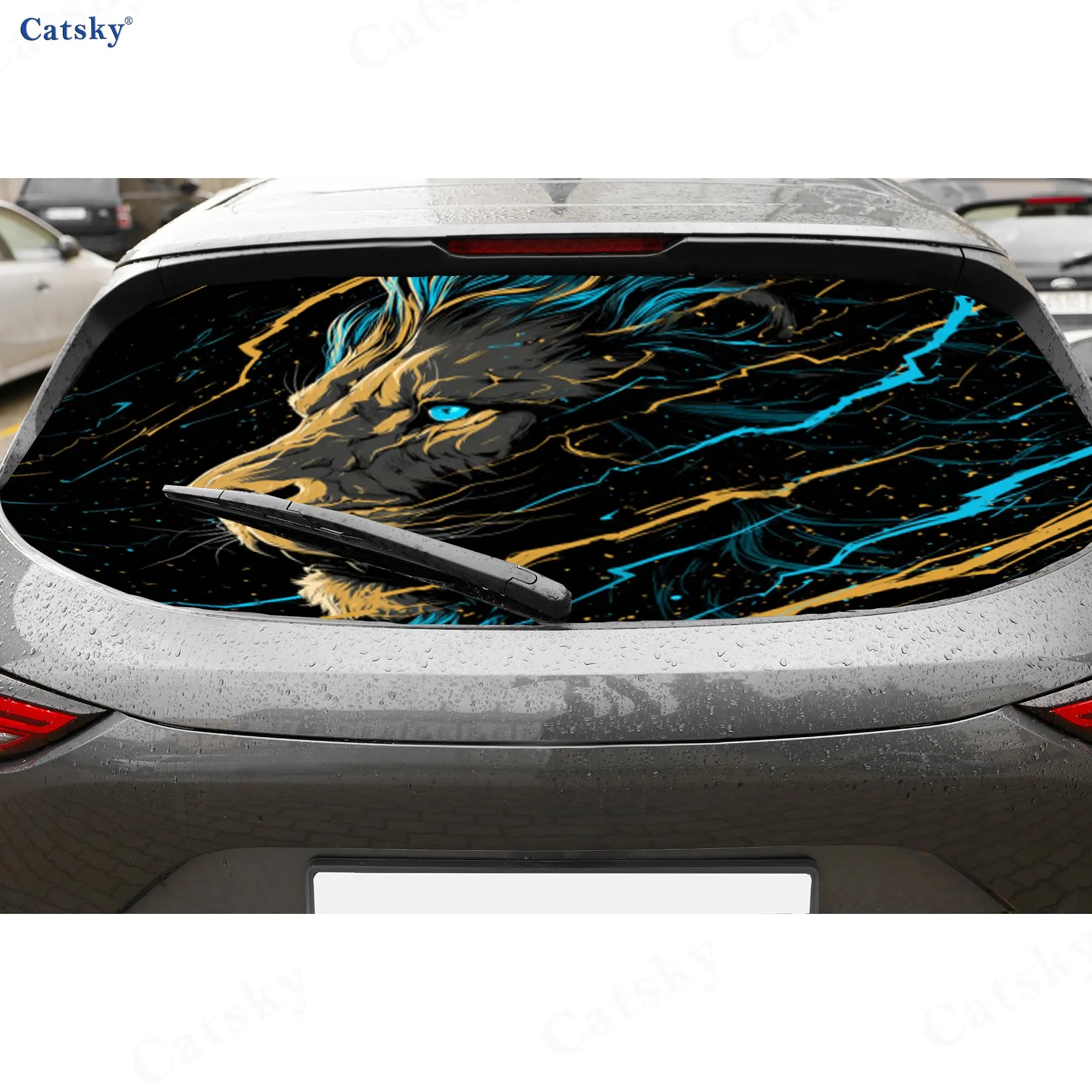 Lightning Lion PVC Perforated Car Vinyl Wraps, Privacy Enhancing Design For Rear Window, Car Rear Windshield Sticker