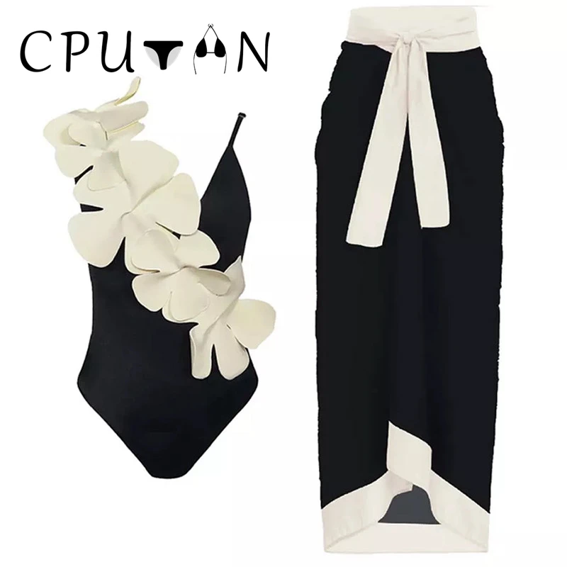 CPUTAN 2024 Sexy 3D Flower One Piece Swimsuit Bikini Skirt Summer Women One Shoulder Ruffle Swimwear Luxury Bathing Suit Dress