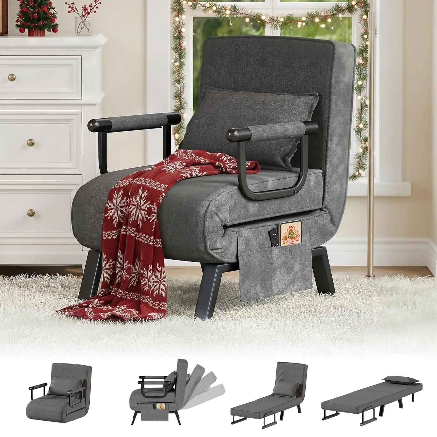 

Convertible Sleeper Chair Bed 5-in-1 Adjustable Backrest Side Pockets Pillow Small Space Office Dark Grey Customized