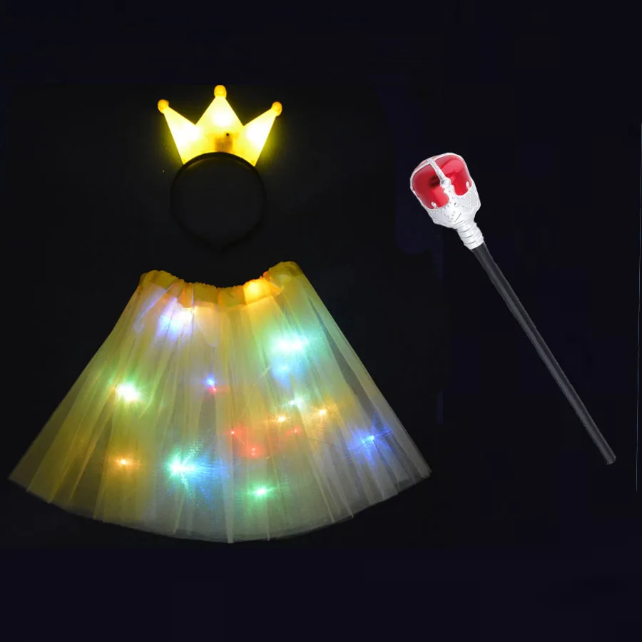 

Christmas LED Light Up Queen Princess Costume Glow Skirt Headband Party Tiara Crown Scepter Festival