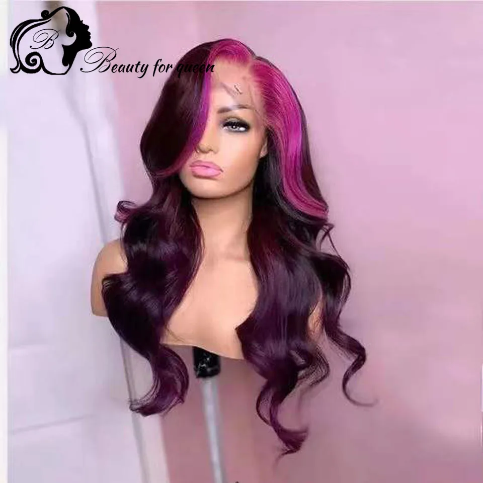 Brazilian Purple Highlight Colored Human Hair Hot Sale High Quality Body Wave 2026 Transparent 13x4 Lace Front Wig Customize