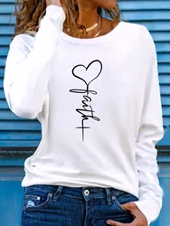 Faith Print Crew Neck T shirt Casual Long Autumn winter top women's long sleeved T-shirt loose comfortable black white