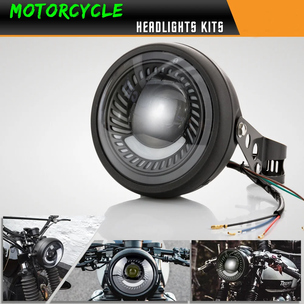 

6,5-дюймовая круглая винтажная светодиодная фара для мотоцикла с ангельскими глазками, дневными ходовыми огнями и кронштейнами для кафе-рейсеров