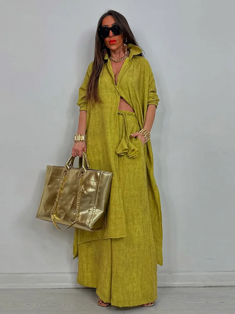 

Повседневные комплекты рубашек и брюк, женские однотонные свободные длинные рубашки с лацканами и длинными рукавами, широкие брюки с высокой талией, лето-осень 2024, женские наряды