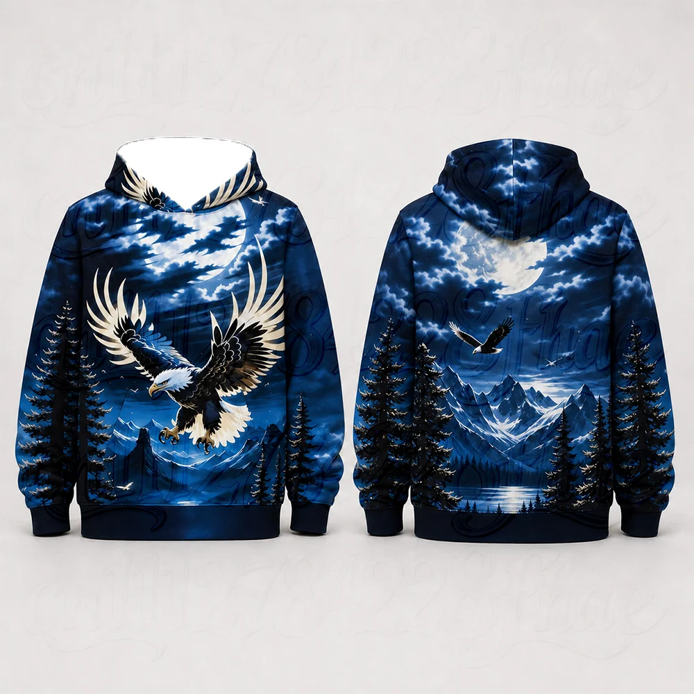 Cool Eagle Parent-Child Hoodie Vintage Nature Thanksgiving Autumn Pullover Sweatshirt Long Sleeve Pocket Landscape Outfits Top