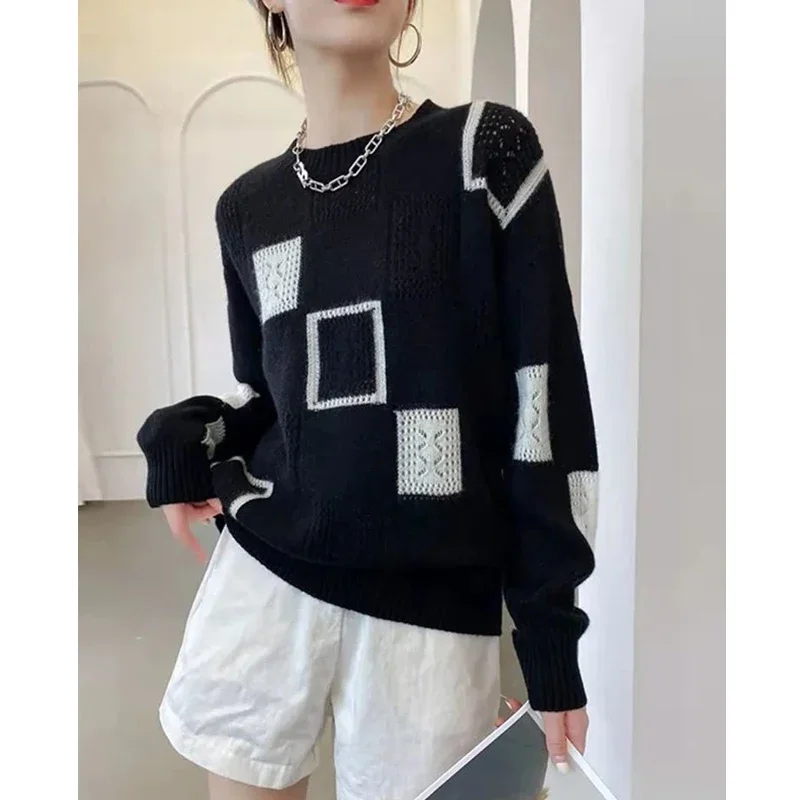 Womens Clothing Autumn and Winter Vintage Geometric Patchwork Knitted Sweater Casual Streetwear Pullover Tops Long Sleeve E47