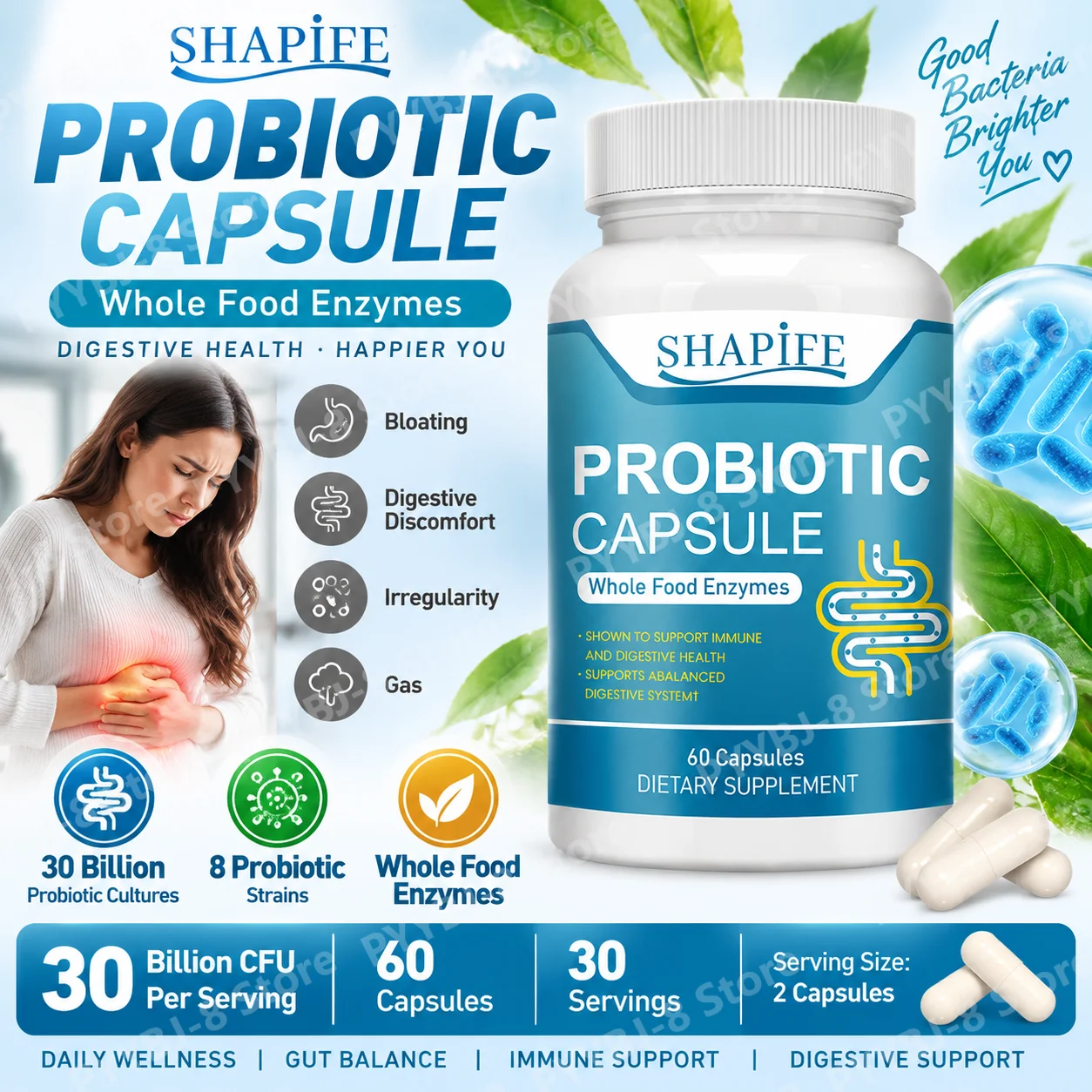 Probiotic Capsules with 30 Billion Per Serving, 8-Strain Blend, Supports Balanced Digestive System, 60 Capsules