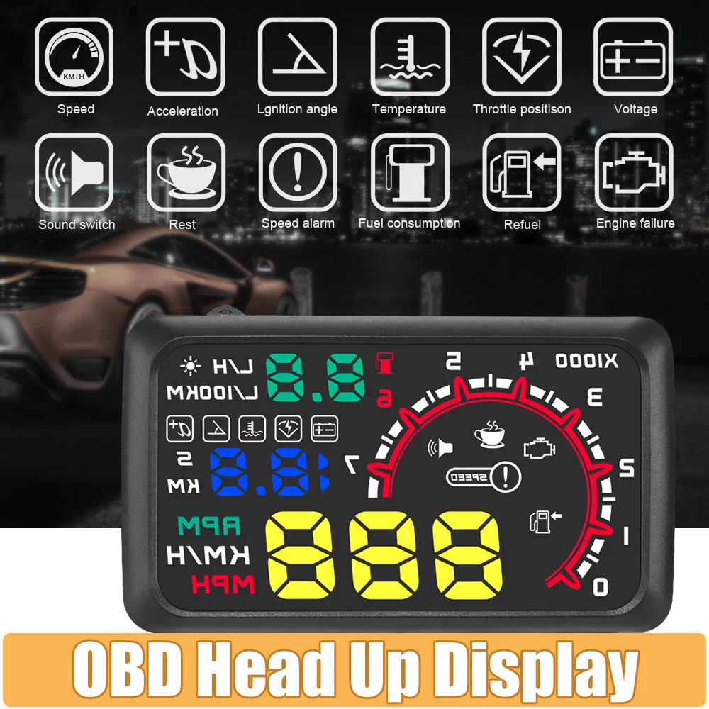 

5.8 Inch Car Head Up Display OBD HUD Digital Speedometer MPH KMH RPM With Overspeed Alarm Acceleration Water Temp Voltage Alarm