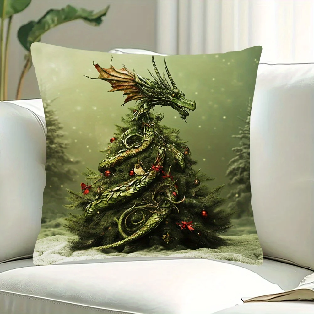Dragon Christmas Tree Double Sided Throw Pillow Cover Inspirational Cushion Case Living Room Office Bedroom No Pillow Core