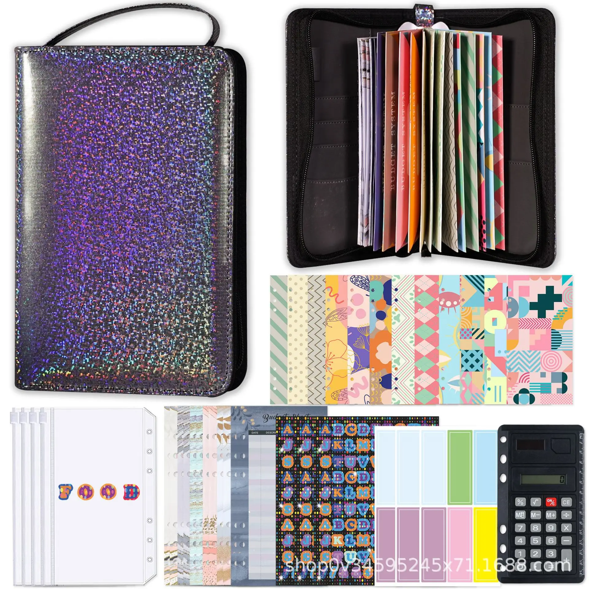 مجموعة إدارة الميزانية الكبيرة بسحاب مقاس A6 مع آلة حاسبة، وأظرف بسحاب، وأظرف نقدية لوضع الميزانية، وملصقات A6 باللون البني