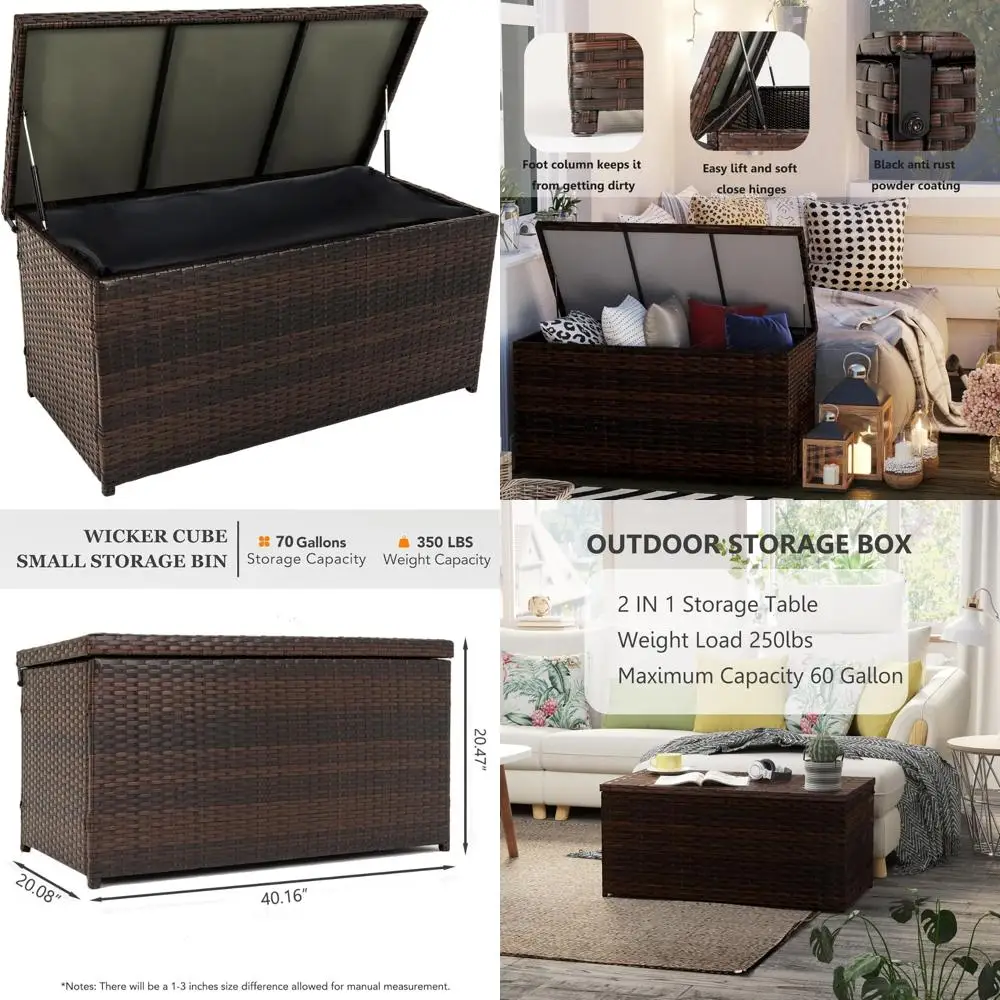 Waterproof Outdoor Wicker Storage Box 70 Gallon, Deck Patio Rattan Container with Hinged Lid, Weather-Resistant Storage Solution