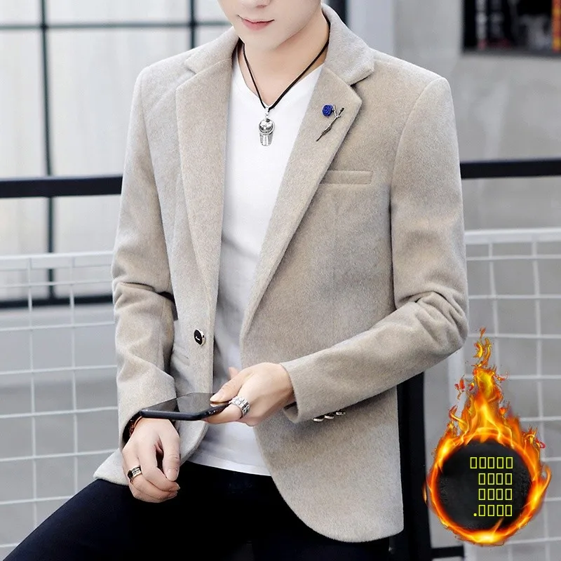 

Мужская утепленная шерстяная куртка с искусственным мехом, осенне-зимняя, модная, приталенная, в корейском стиле, для делового повседневного образа