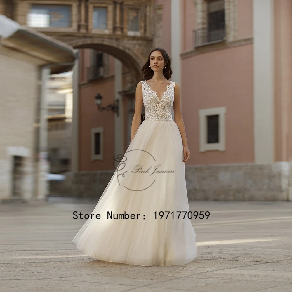 

Glitter Tulle Wedding Dresses V Neck Sleeveless Elegant Bride Gowns Fashion Backless Court Train A Line vestido de noiva 2024