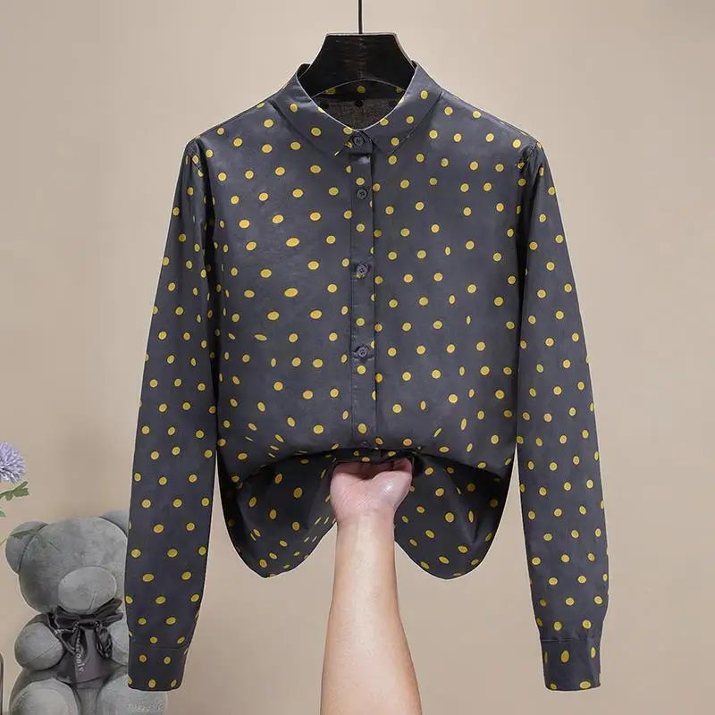 

2025 Spring High Street Pure Cotton Polka Dot Shirt Women Button Patchwork Lapellong Sleeve New Fashion Retro Versatile Shirt