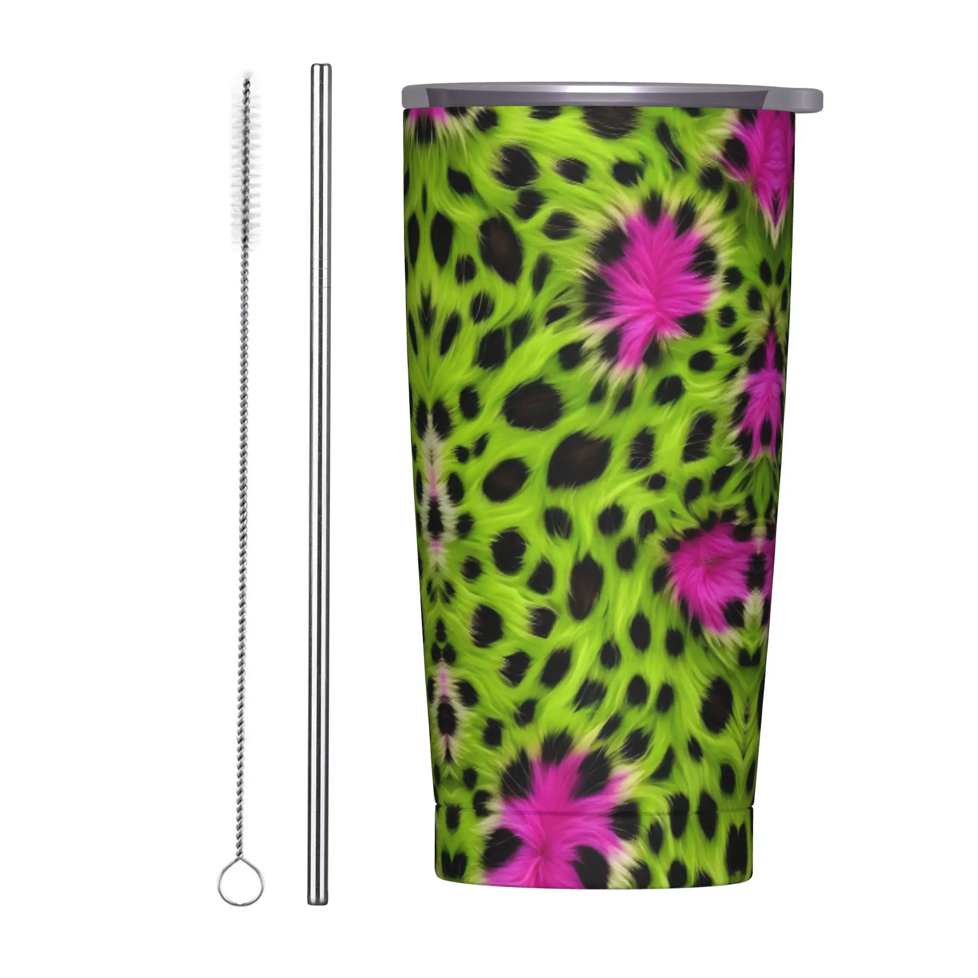 Leopard Green Tumbler Vacuum Insulated Faux Fur Thermal Cup Vacuum Flask Office Home Mug Spill Proof, 20oz