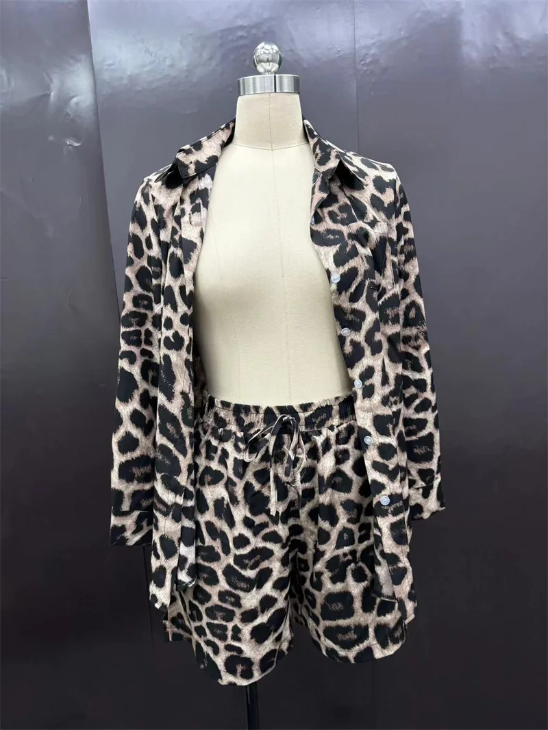 Two Piece Outfits for Women Summer Sexy Long Sleeve Button Down Oversized Shirts And Shorts Leopard Blouses Tops Tracksuit Sets