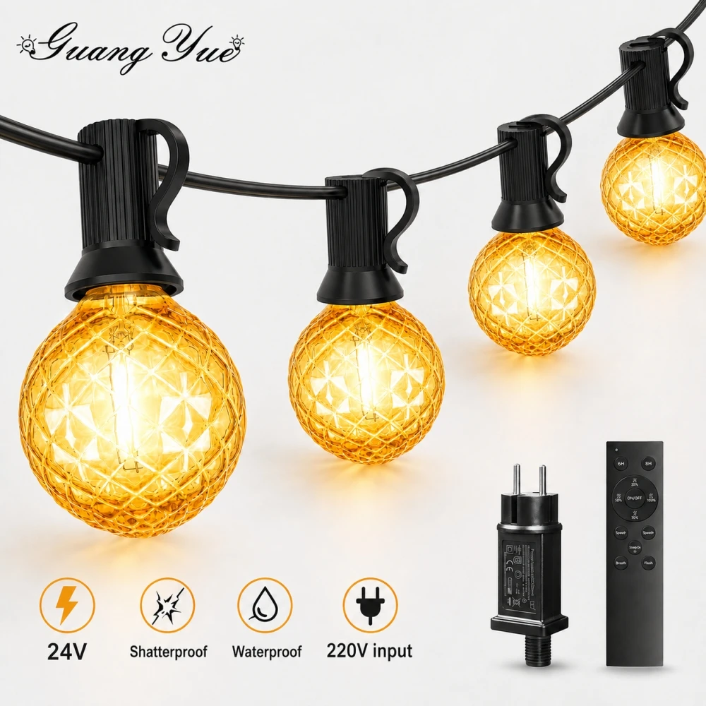 220V EU Plug G40 LED String Lights with Adapter and Remote, 24V Dimmable 2700K Shatterproof IP44 Outdoor Patio Garden Lights Set