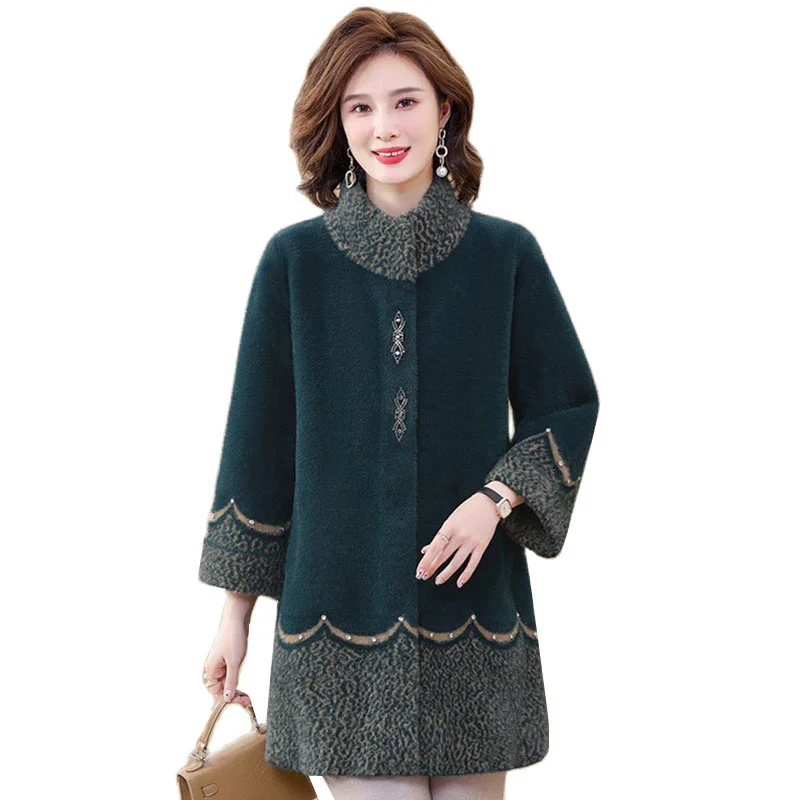 

New Autumn Winter Middle-aged mother Imitate Mink Velvet Jacket Women Cardigan Overcoat Loose Casual Woolen Coat Women Outwear