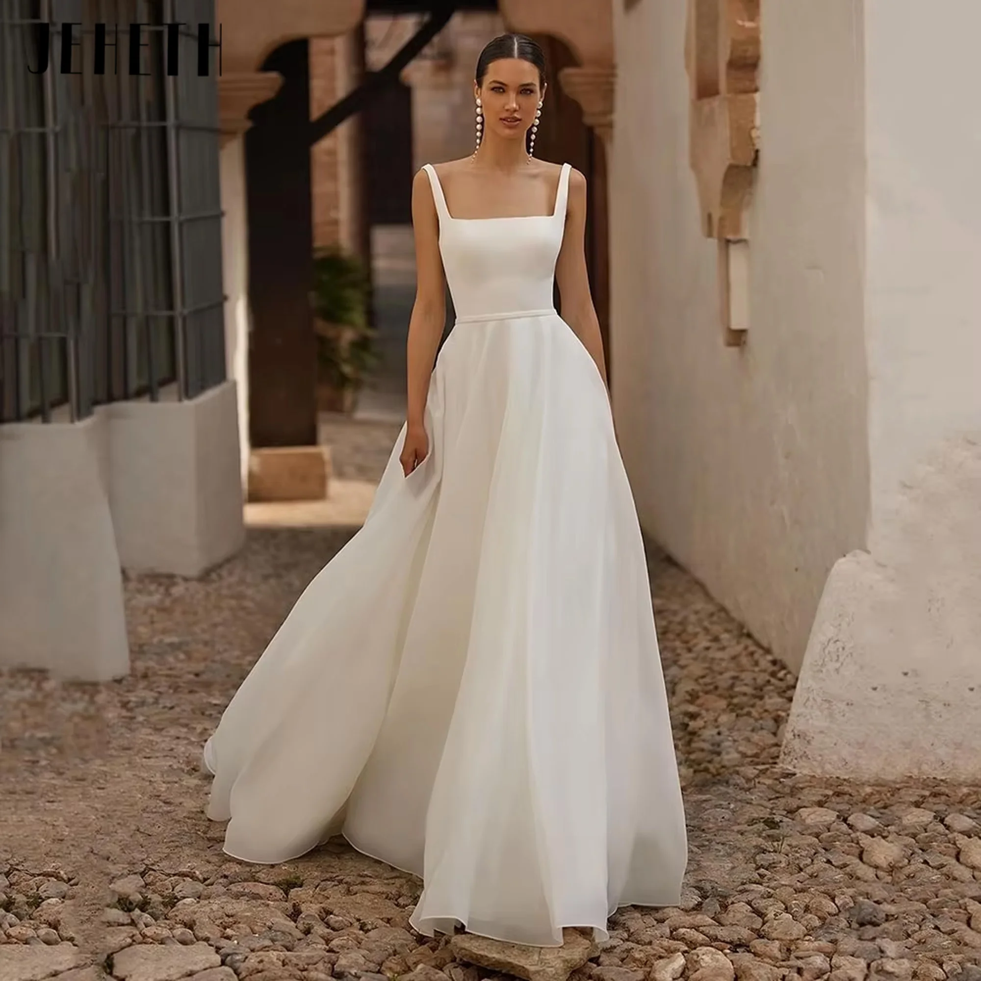 

JEHETH Boho Brides Wedding Dresses Spaghetti Straps Square Collar Simple Formal Bride Dress Vintage Long Bridal Gowns Customized