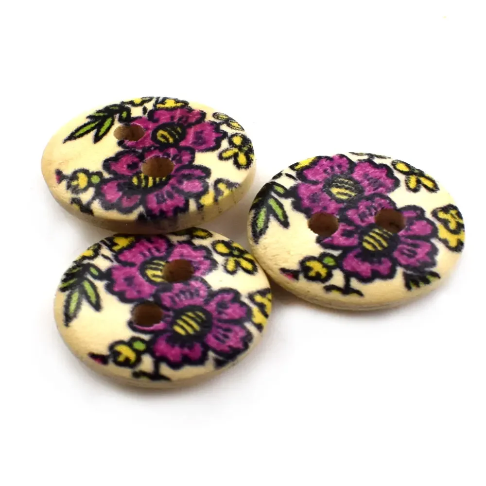 300PCS 15MM Printed Cartoon Flower Wood Buttons Mix Garment Sewing Accessories DIY Scrapbooking Crafts Wooden Button