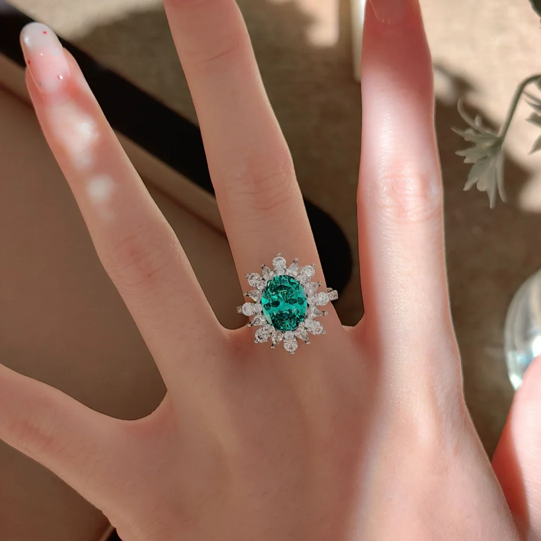 925 Sterling Silber Luxuriöser Modischer Ring mit ovalem Paraiba-Stein, Retro Premium Taubenei Kubikzirkonia Damenring – Detail 5