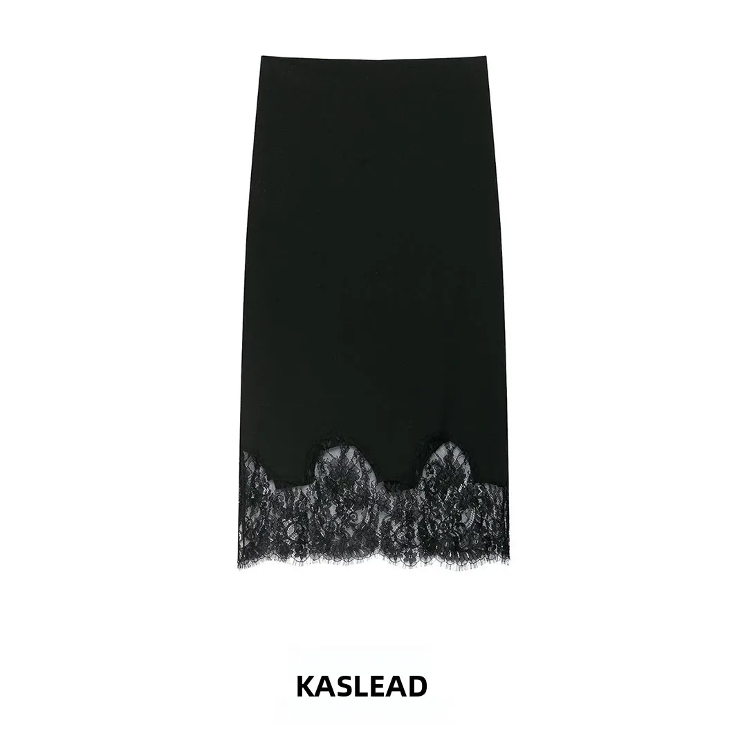 KASLEAD New Women's Fashionable Lace Midi Skirt Slimming Straight Cut Polyester Fiber mid Waist Design Autumn Collection
