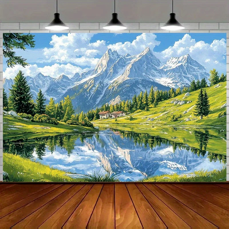 1pc 2D Mountain Lake Forest Tapestry - Vibrant Hand-Painted Landscape with Serene Lake, Snow-Capped Peaks, and Greenery - Perfec