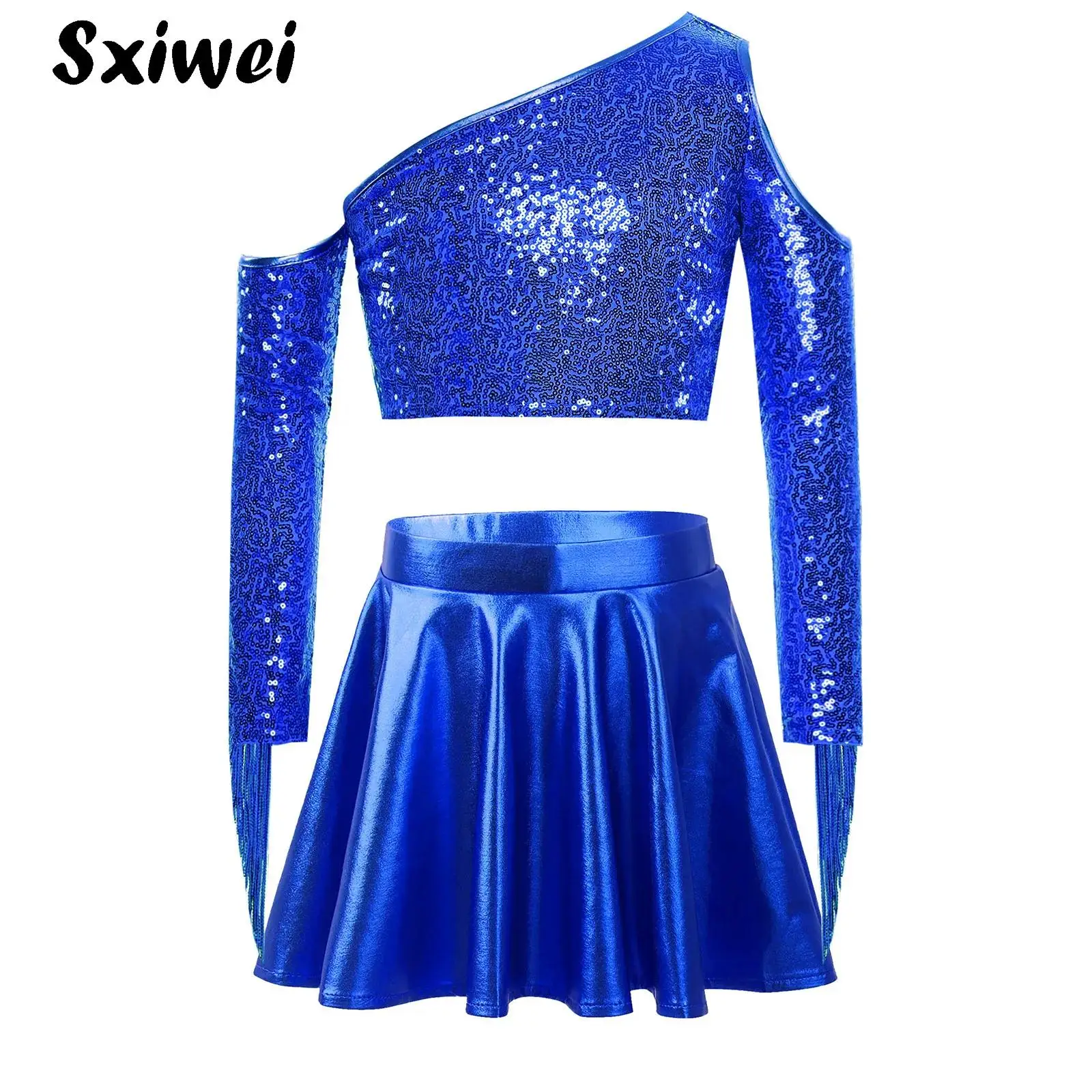 

Girls Sequin Jazz Street Dance Outfit Metallic Tassels Crop Top with Pleated Skirt School Cheerleading Latin Samba Rumba Costume