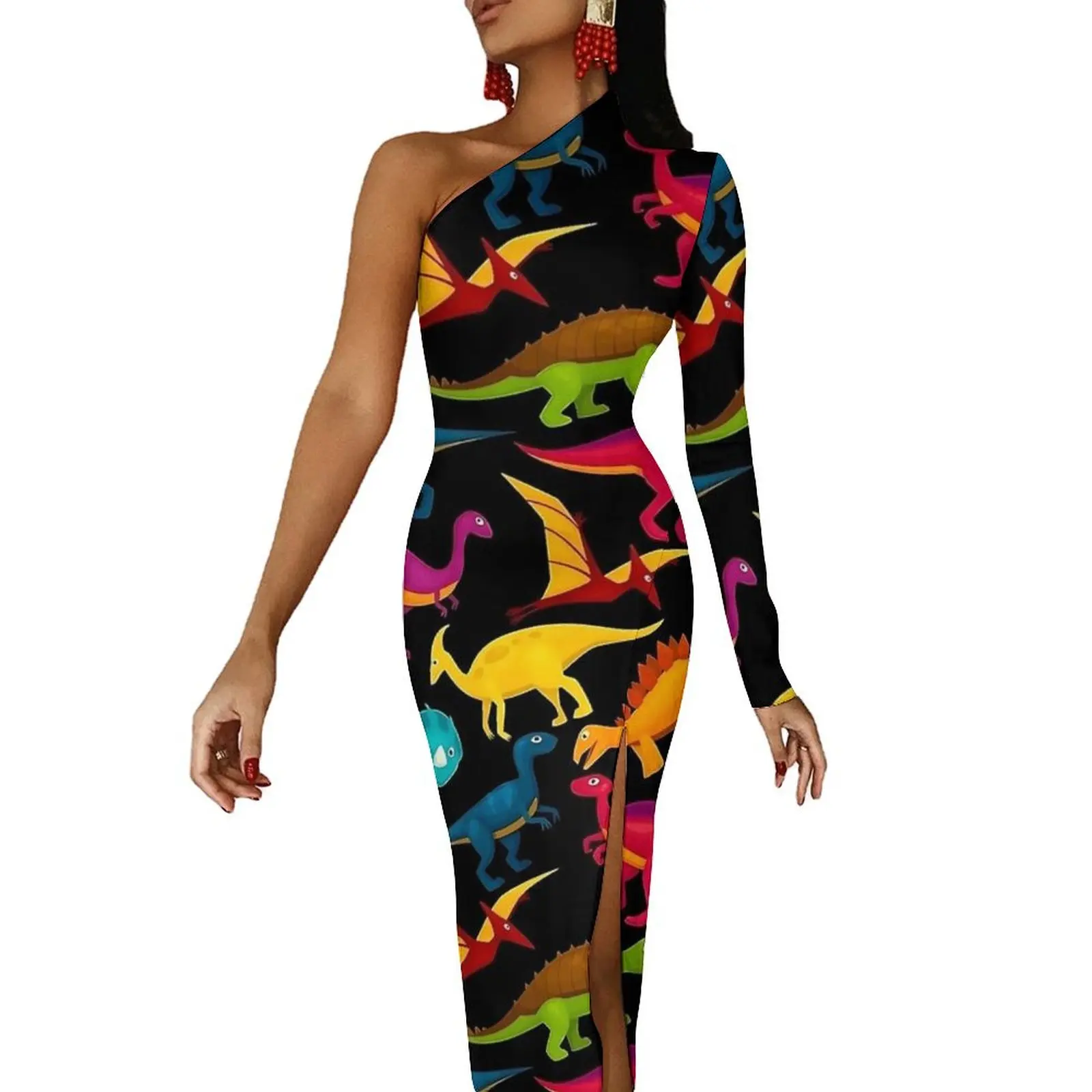 Bonito dinossauros bodycon vestido mulher cor animal elegante maxi vestido de manga longa estilo rua vestidos personalizados presente aniversário