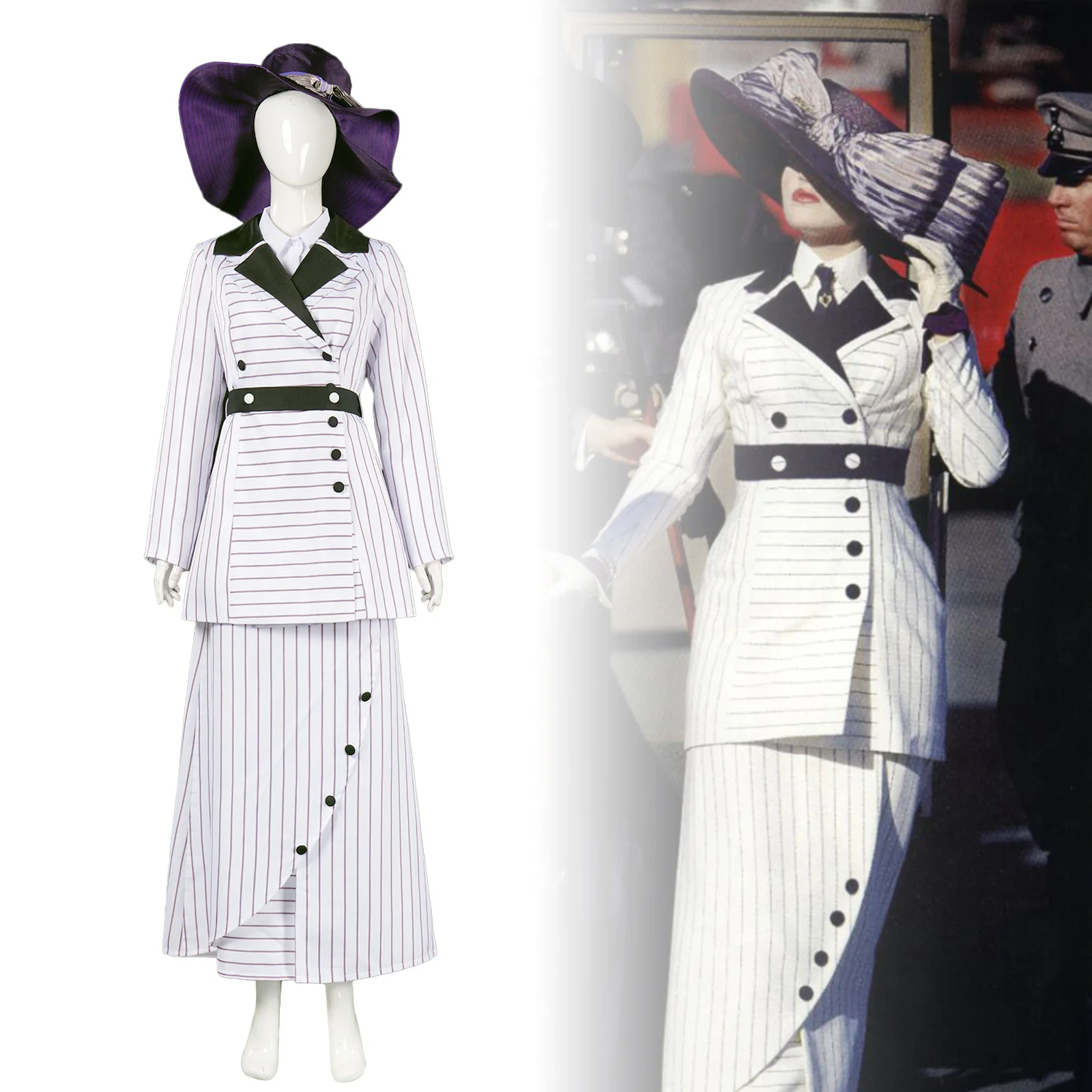 映画タイタニックローズコスプレ衣装女性エドワード朝時代ホワイトストライプドレス制服コートハロウィンパーティーパフォーマンス衣装