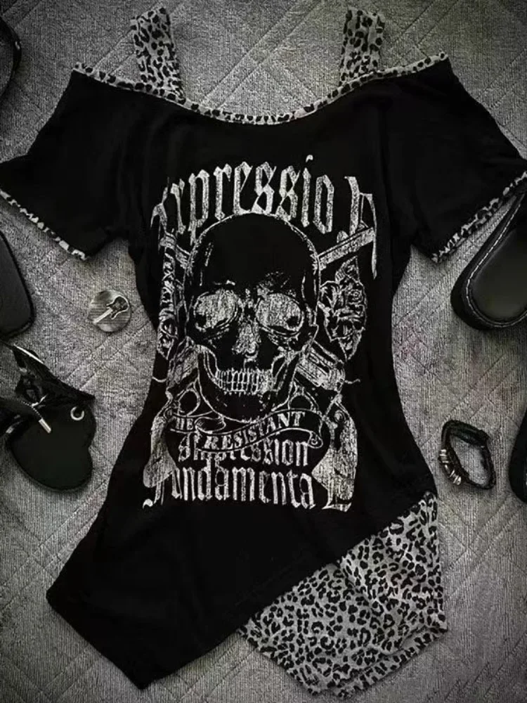 Y2k Aesthetics Irregular Leopard Patchwork Vintage T-shirt Streetwear Skull Printing Tshirt Harajuku Slim Fit Fairy Grunge Tops