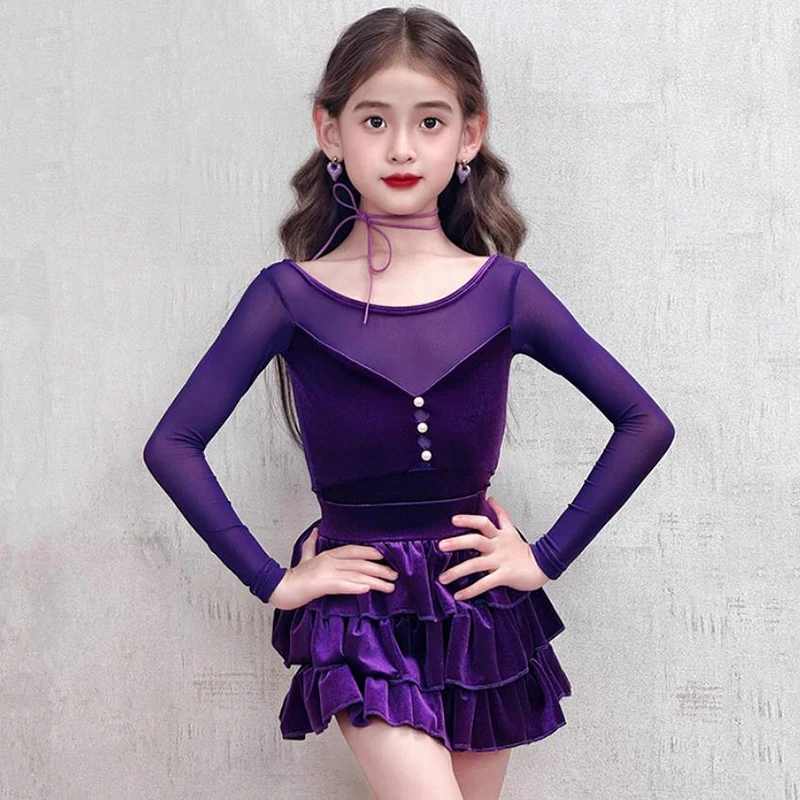 

Фиолетовый костюм для латинских танцев для детей, сетчатое боди с длинными рукавами и бархатные юбки для девочек, тренировочный комплект для выступлений в стиле румба-ча