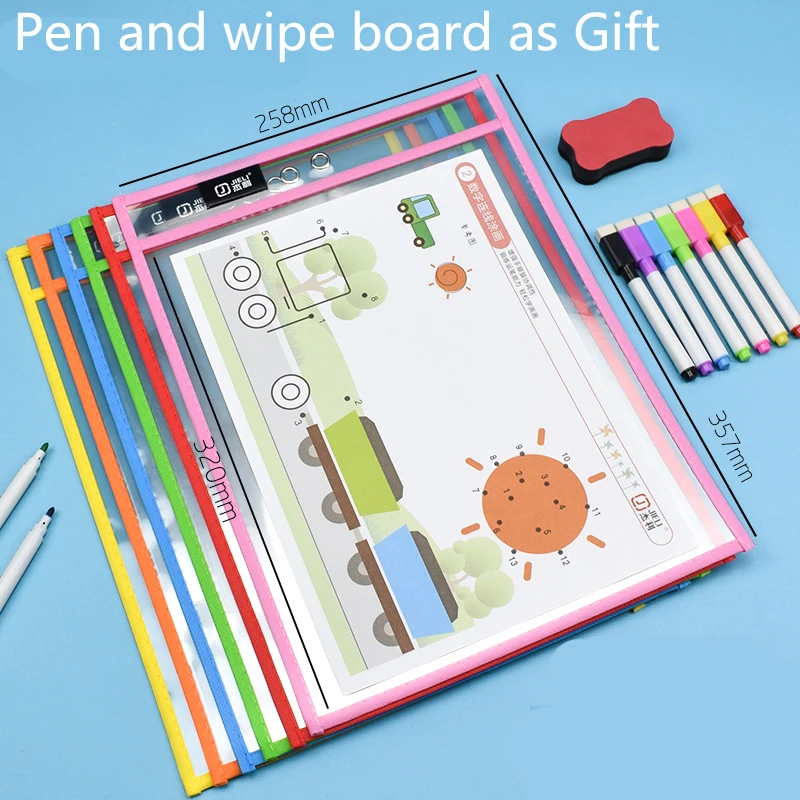 6pcs A4 Reusable File Dry Erase Pockets with Pen Transparent Bag for Kid Write and Wipe Whiteboard Markers for Teaching Supplies