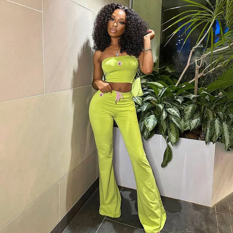 New Style In Europe And America Fashion Embroidered Flower Tube Top High Waist Casual Drawstring Pant Two-Piece Set 2024 Spring