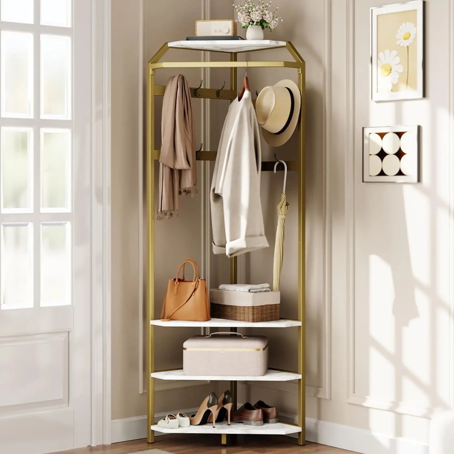 

Corner Coat Rack With Shoe Bench Entryway, Corner Hall Tree With Hooks, Metal Clothes Rack for Hallway Living Room