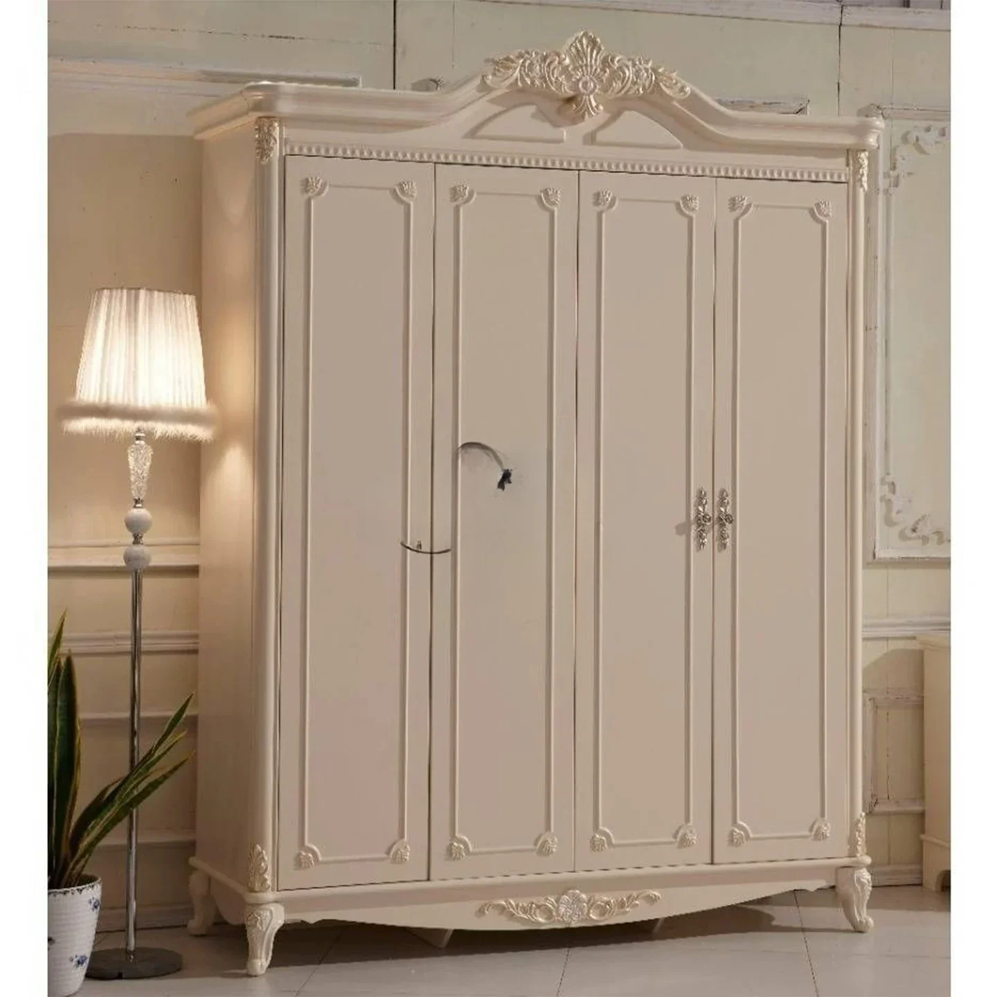 Solid wood wardrobe American home bedroom four-door carved storage cabinet French pink wall-to-wall wardrobe