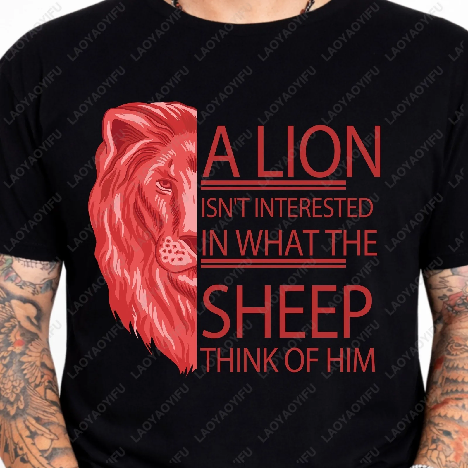A Lion Isn't Interested What Sheep Think Motivational Quote Graphic T-Shirt Black Short-sleeved Round-neck Loose Style