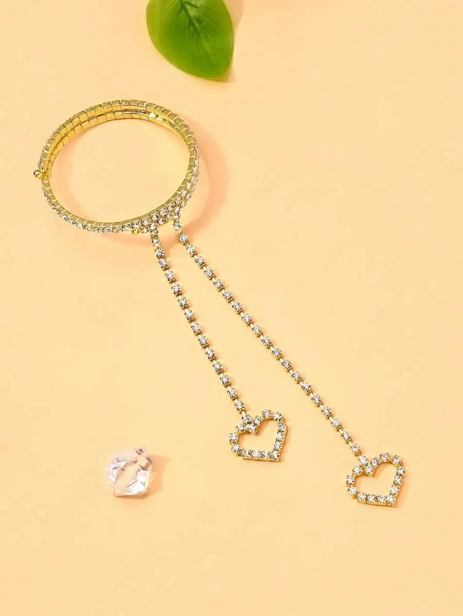 

Romantic Heart Rhinestone Arm Bracelet Double Layer Tassel Jewelry For Women Summer Beach Accessory
