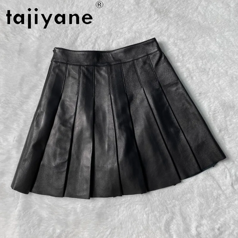 TAJIYANE Genuine Leather Mini Skirt Sheepskin Black Women's Skirts A-line Pleated Skirt Streetwear Skirts for Woman High Waist