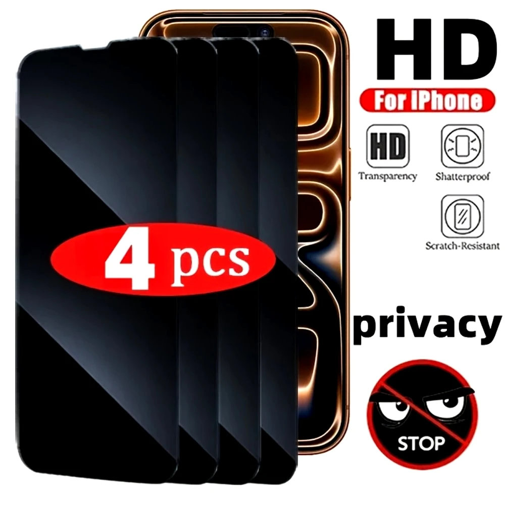 

4 шт. защитных стекол для iPhone 17 16 15 14 Pro Max Air 16 15 Plus 13 12 11 Pro One XR XS, антишпионское, с защитой от царапин, закаленное стекло