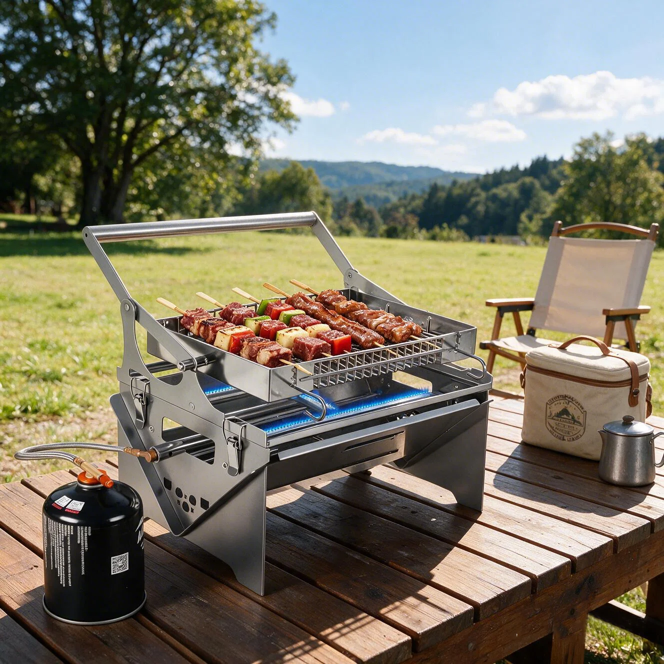 Tragbarer Gasgrill, 360 °   Drehbarer Holzkohlegrill, Edelstahl-Wendegrill für Camping und Barbecue mit Tragetasche