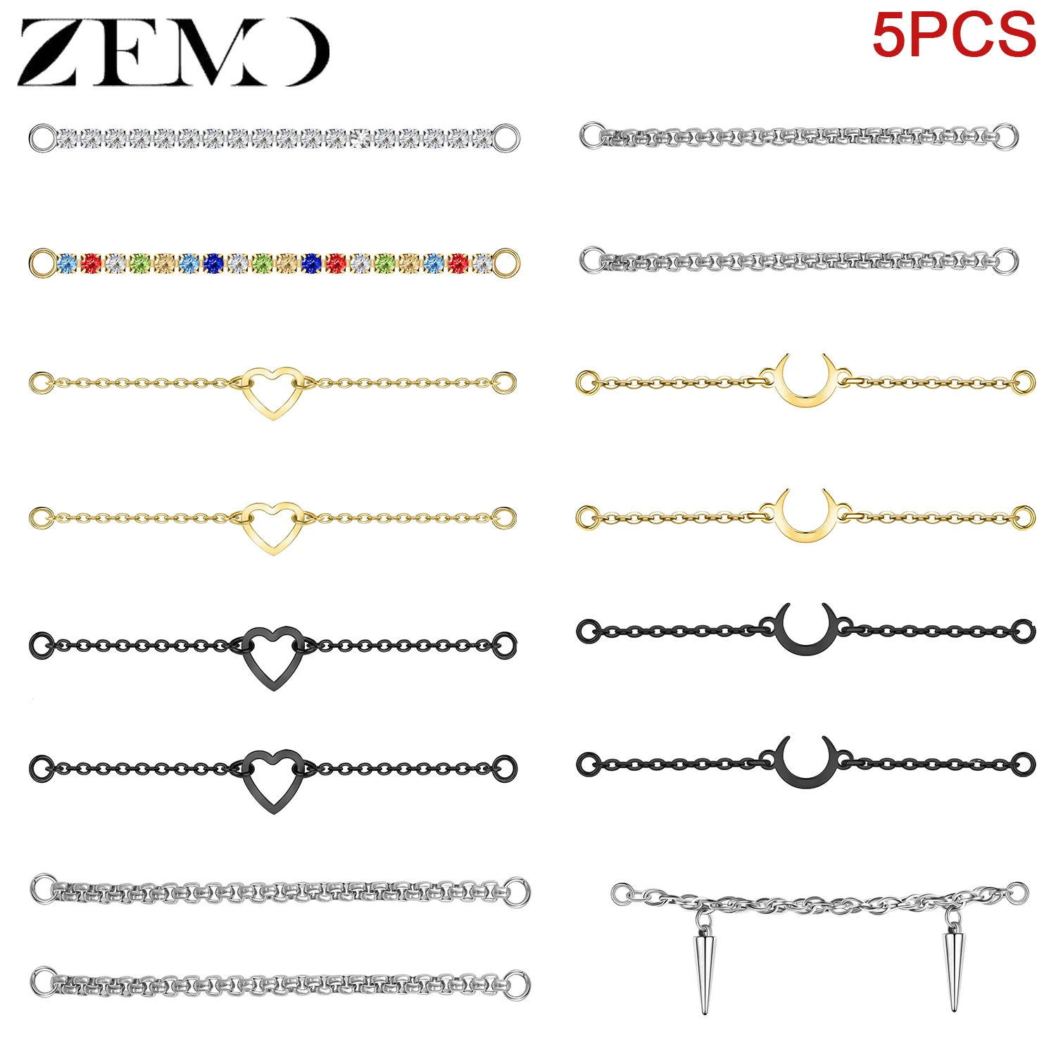 ZEMO 5 Stück/Set Nasenketten aus Edelstahl mit Mond-, Herz- und Quastenanhängern, Nasenbrücken-Piercing-Schmuck, 32/35/40/45/50MM