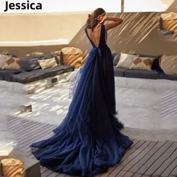 Jessica Sexy Deep V-neck Backless Prom Dresses Dark Blue Tulle Tail EveningDresses Vestidos De Noche Elegant Lady Party Dressese